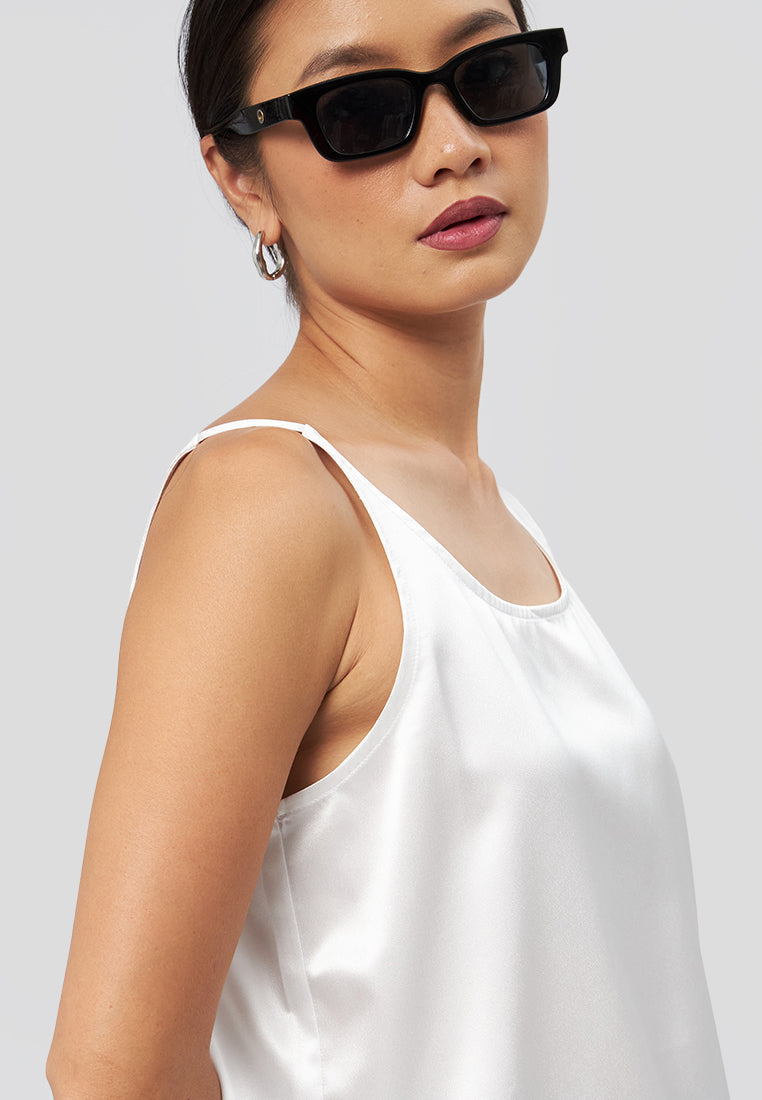 Round Neck Satin Tank Top Off White