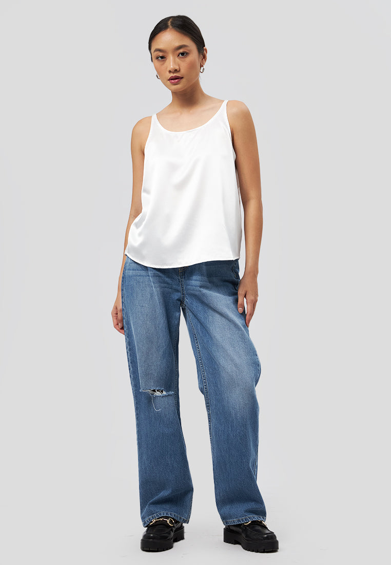 Round Neck Satin Tank Top Off White