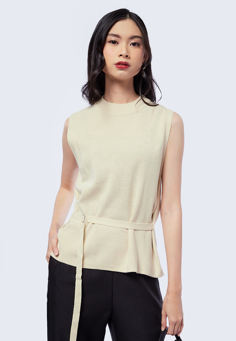 Belted Round Neck Knit Top