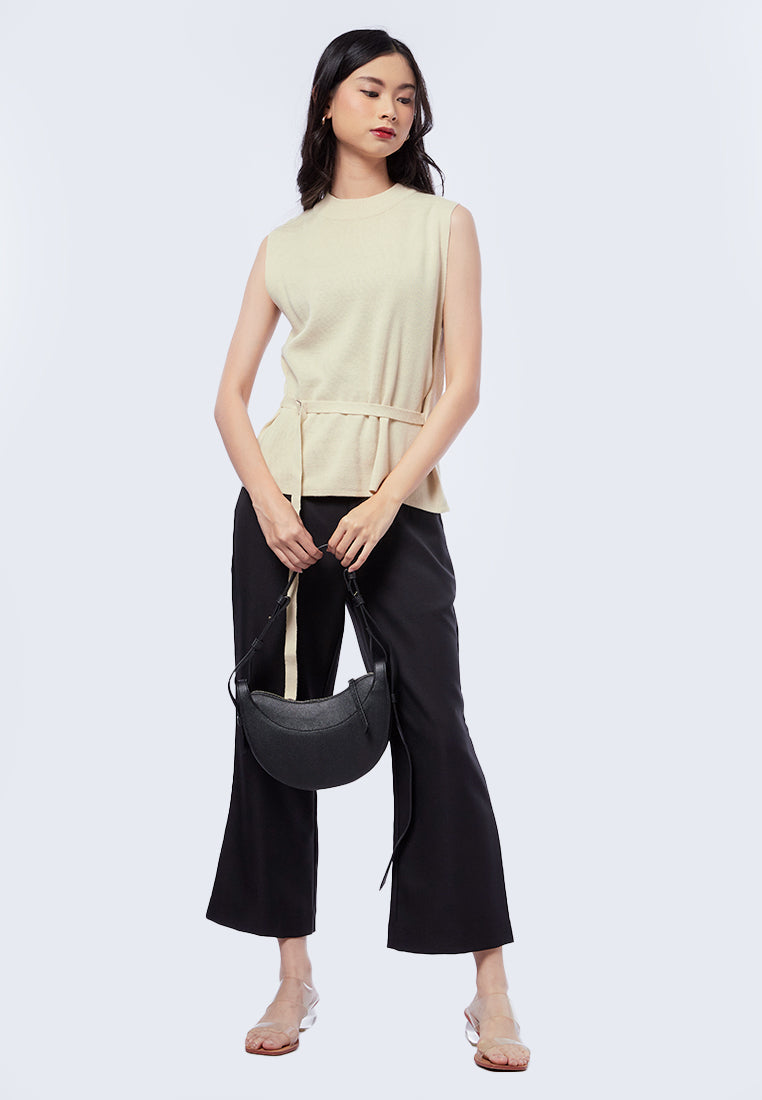 Belted Round Neck Knit Top