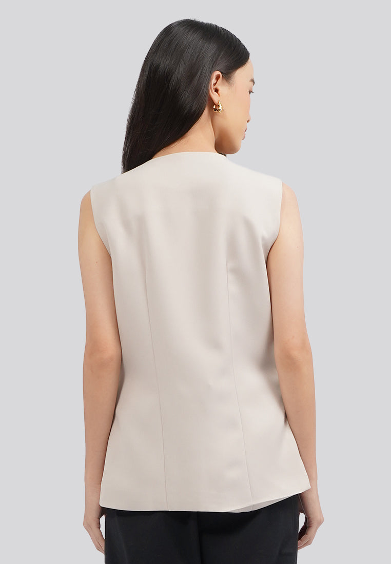Round Neck Long Vest Beige
