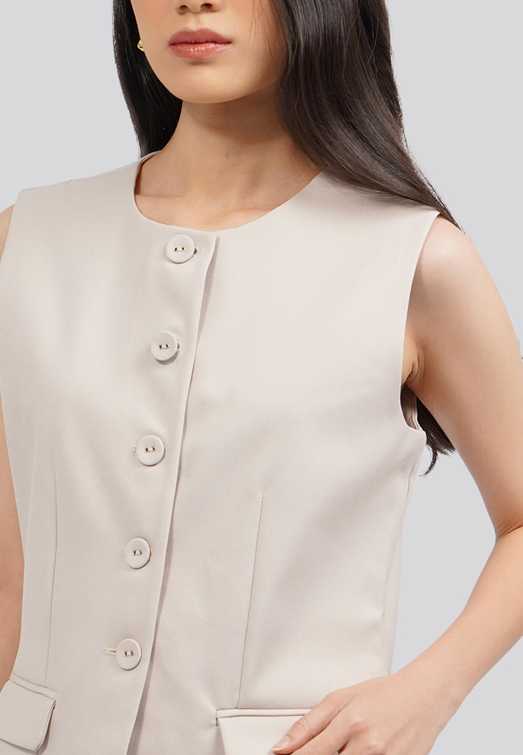 Round Neck Long Vest Beige