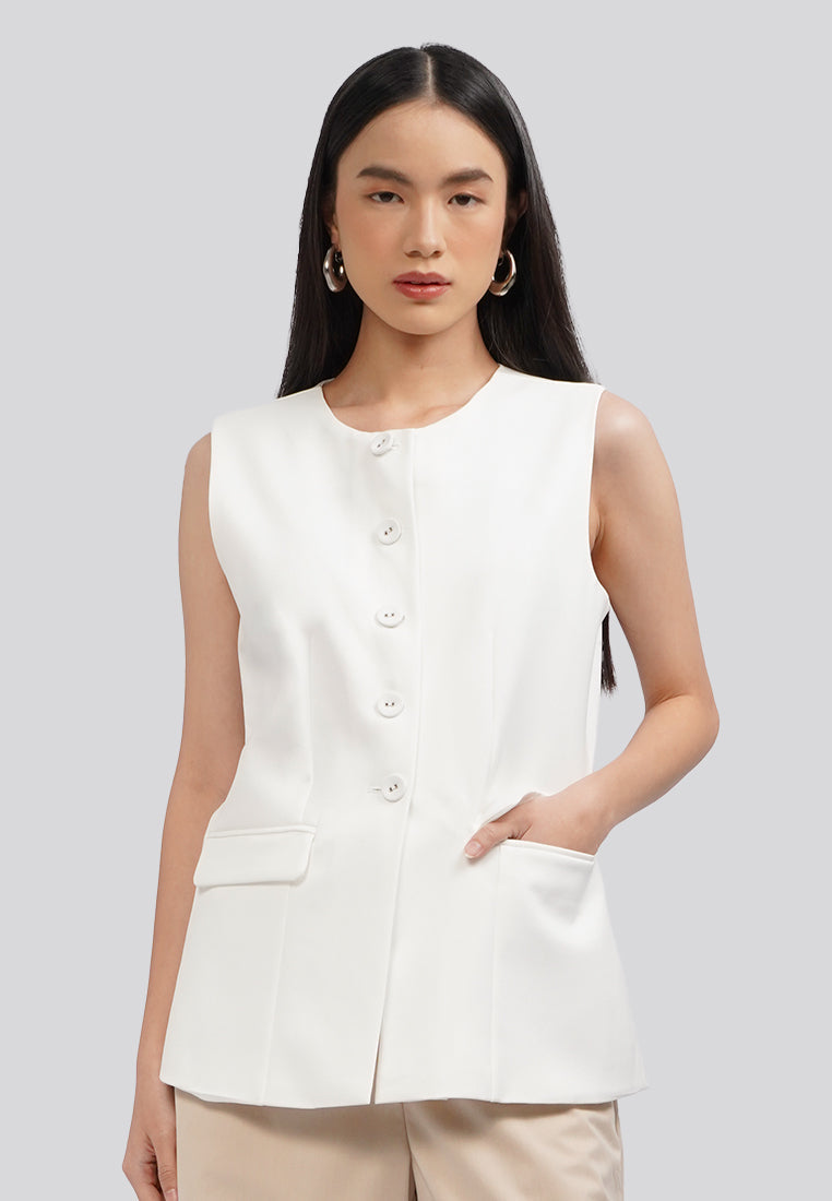 Round Neck Long Vest Off White