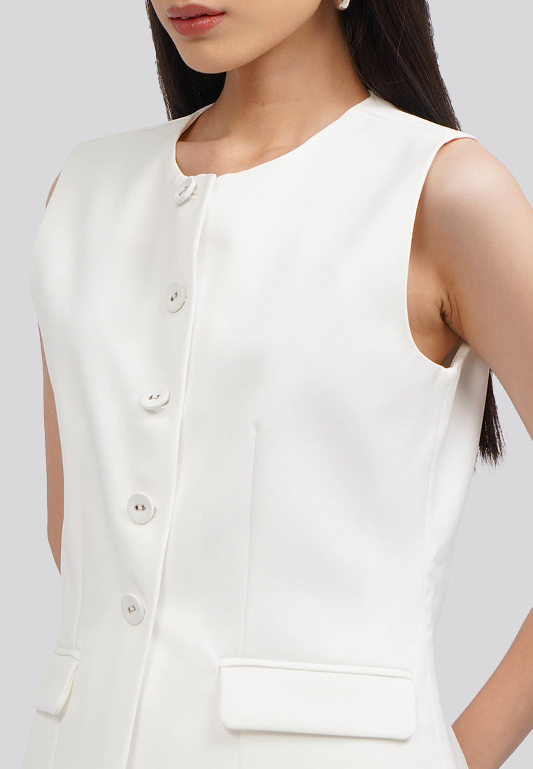 Round Neck Long Vest Off White
