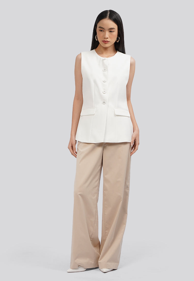 Round Neck Long Vest Off White