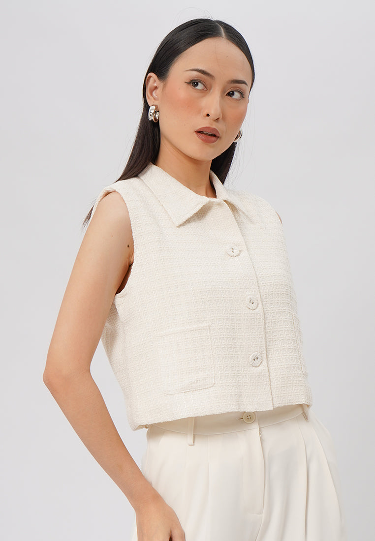 Tweed Collared Crop Vest Beige