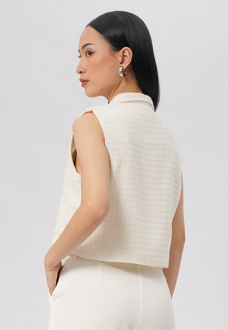 Tweed Collared Crop Vest Beige
