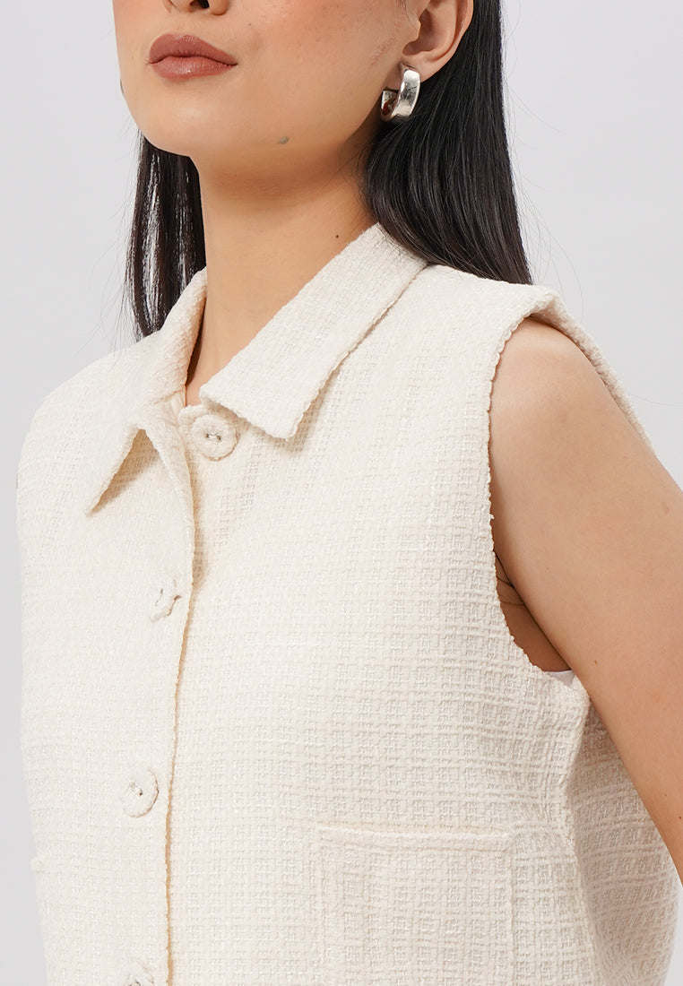 Tweed Collared Crop Vest Beige