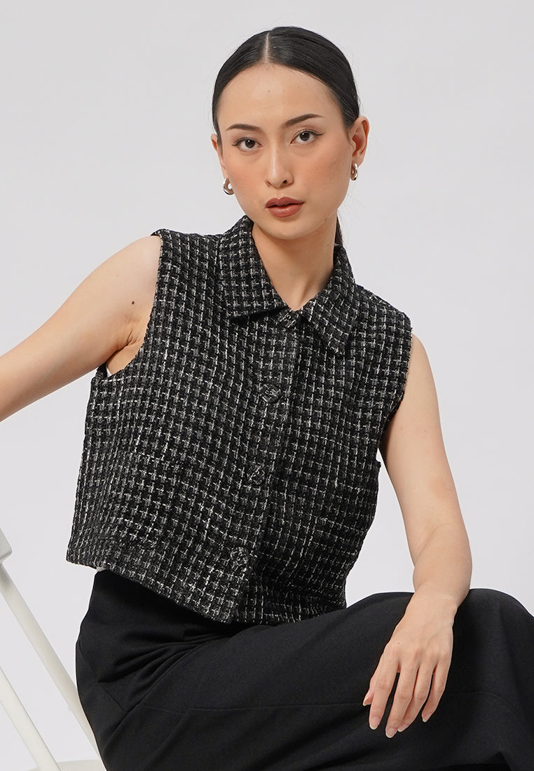 Tweed Collared Crop Vest Black