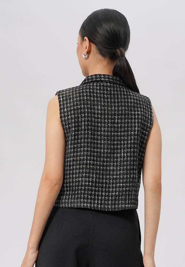 Tweed Collared Crop Vest Black