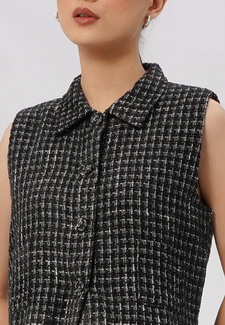 Tweed Collared Crop Vest Black