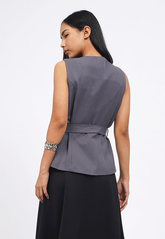 Round Neck Vest with Belt Details