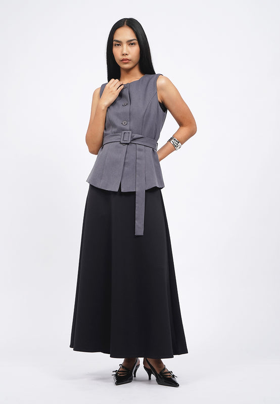 Round Neck Vest with Belt Details