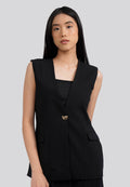 Collarless V-Neck Long Vest Black
