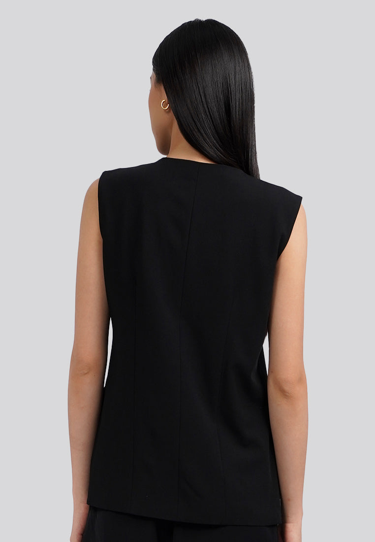 Collarless V-Neck Long Vest Black