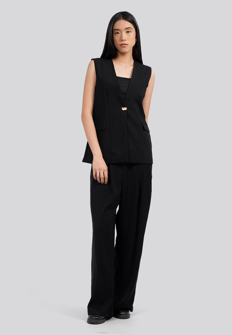 Collarless V-Neck Long Vest Black