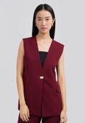Collarless V-Neck Long Vest Berry