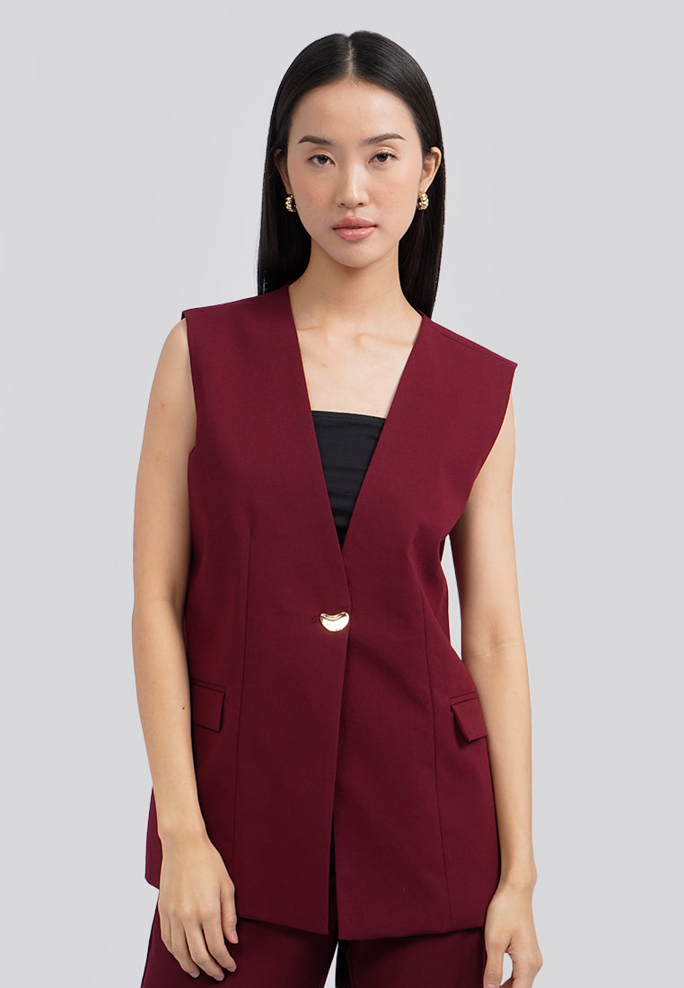 Collarless V-Neck Long Vest Berry