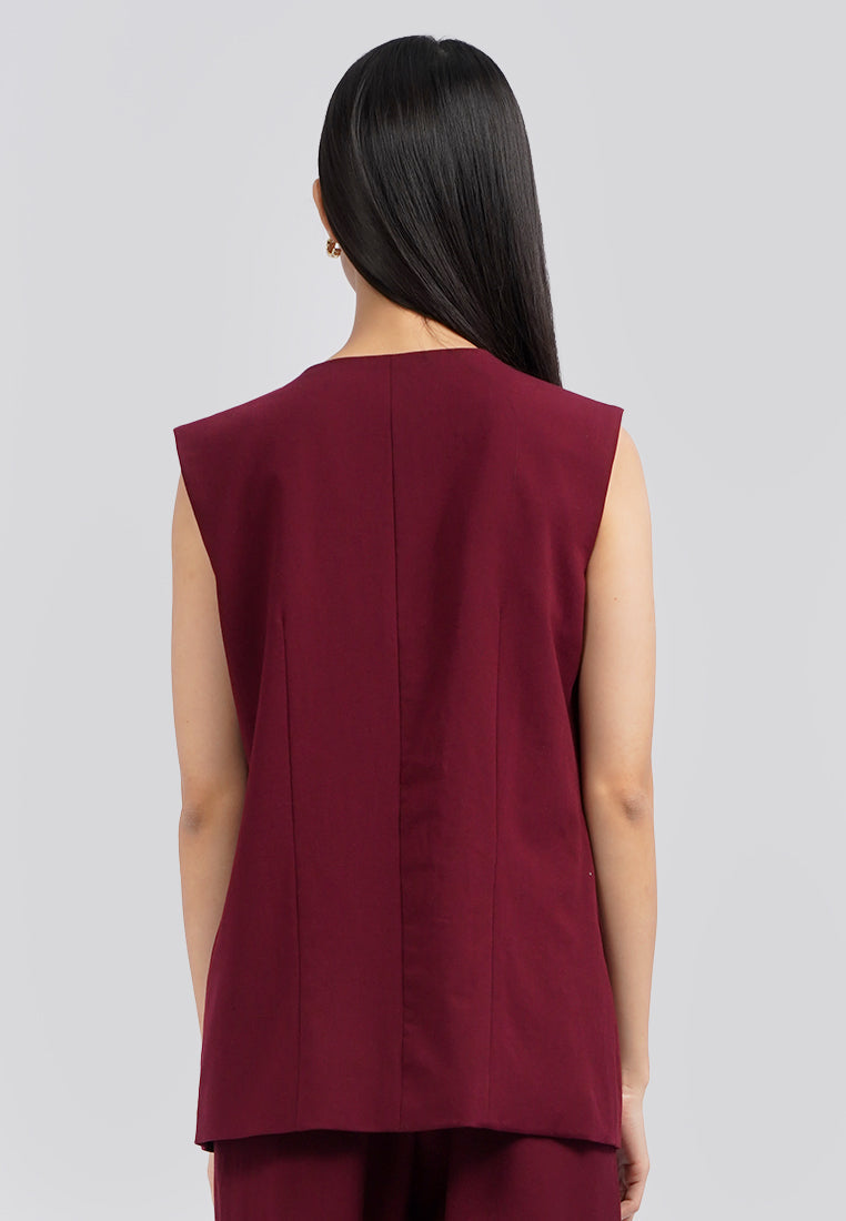 Collarless V-Neck Long Vest Berry