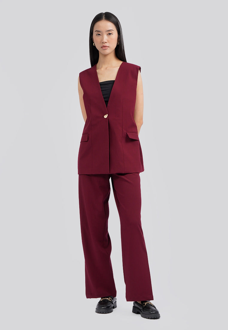 Collarless V-Neck Long Vest Berry
