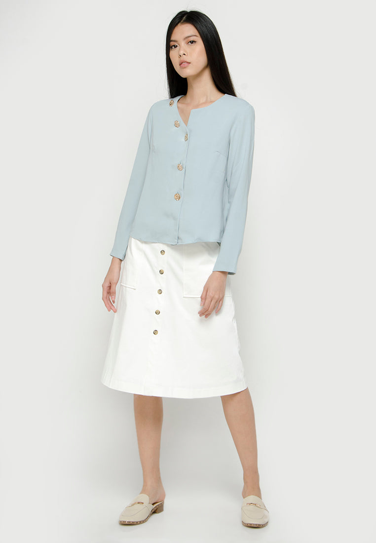 Blouse with Asymmetrical Front and Gold Buttons