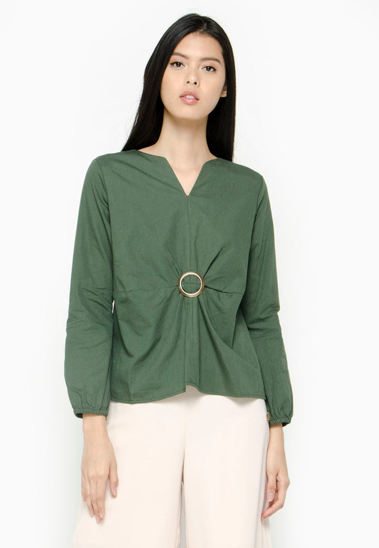 Blouse with Horn Button Buckle