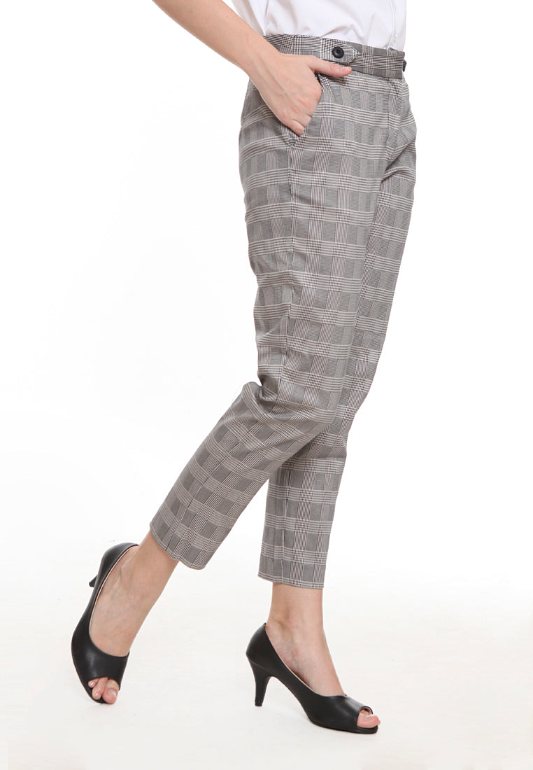 Checked Crop Pants with Button Detail