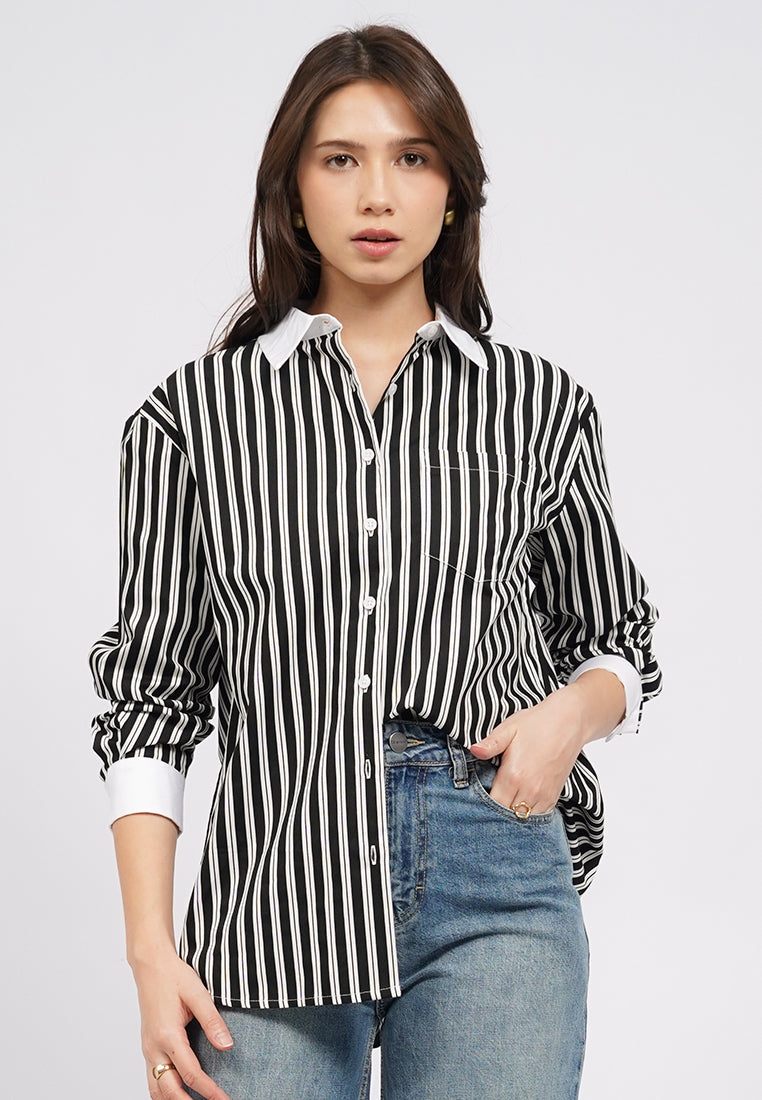 Contrast Collar Long Sleeve Stripe Shirt