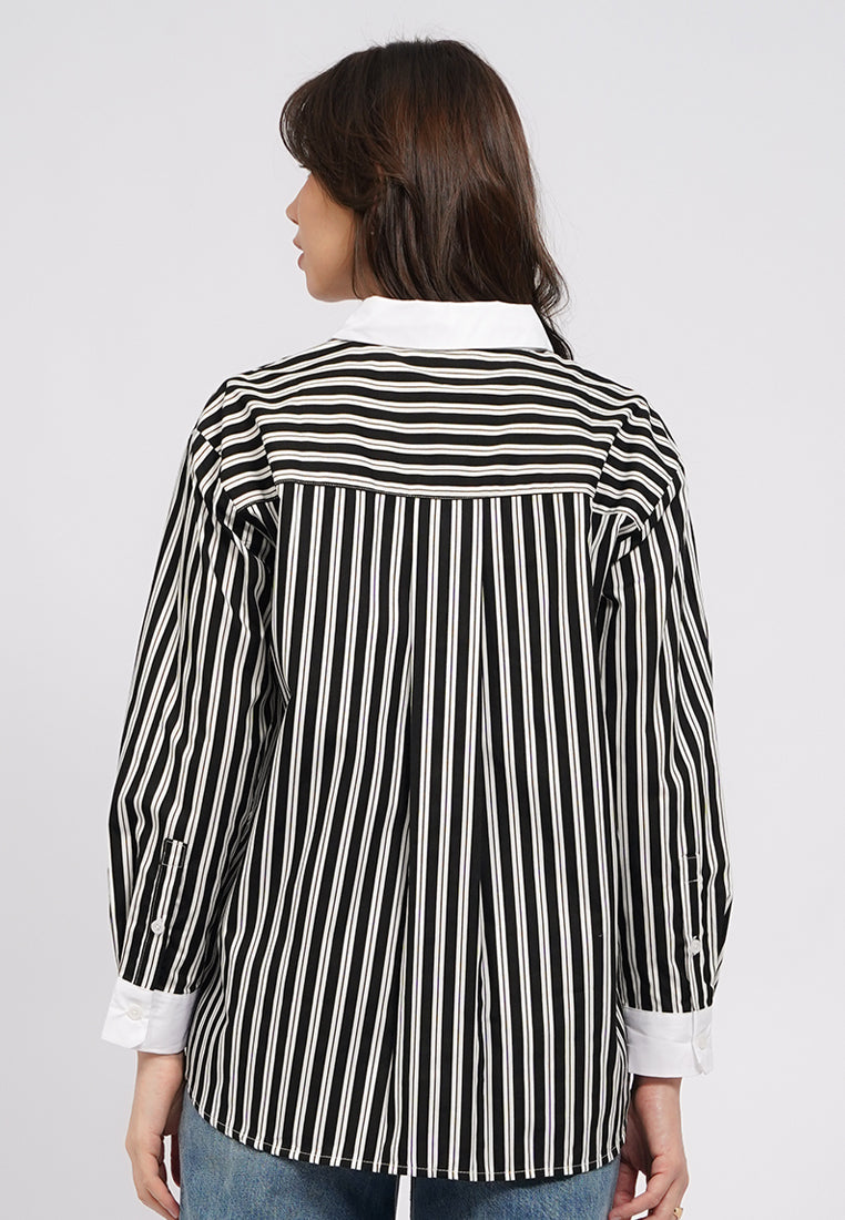 Contrast Collar Long Sleeve Stripe Shirt