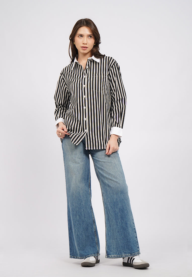 Contrast Collar Long Sleeve Stripe Shirt
