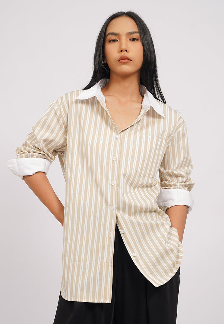Contrast Collar Long Sleeve Stripe Shirt