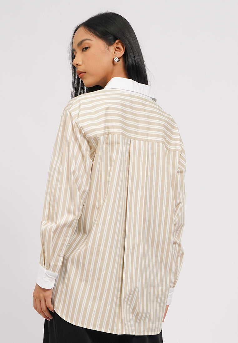 Contrast Collar Long Sleeve Stripe Shirt