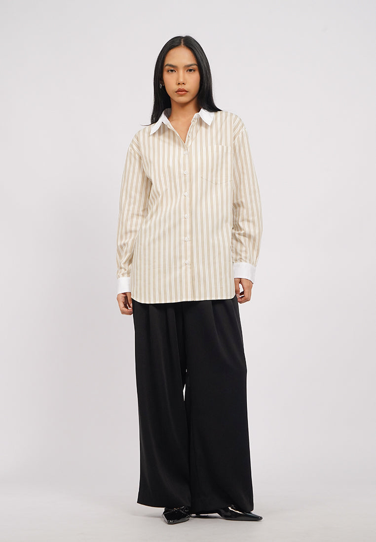 Contrast Collar Long Sleeve Stripe Shirt
