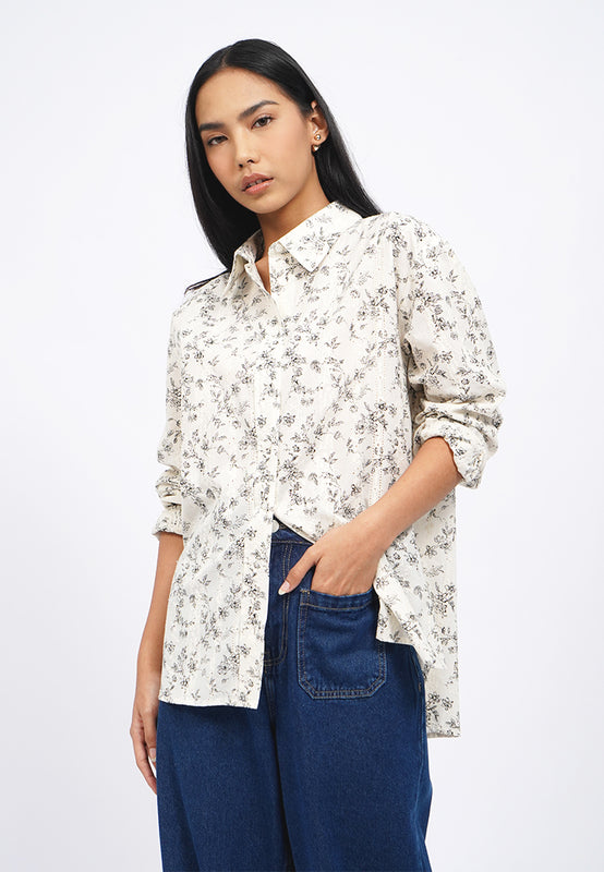 Oversized Printed Eyelet Shirt