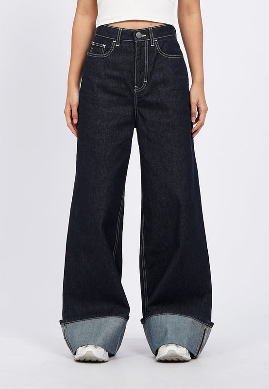 Wide Leg Cuffed Denim Pants
