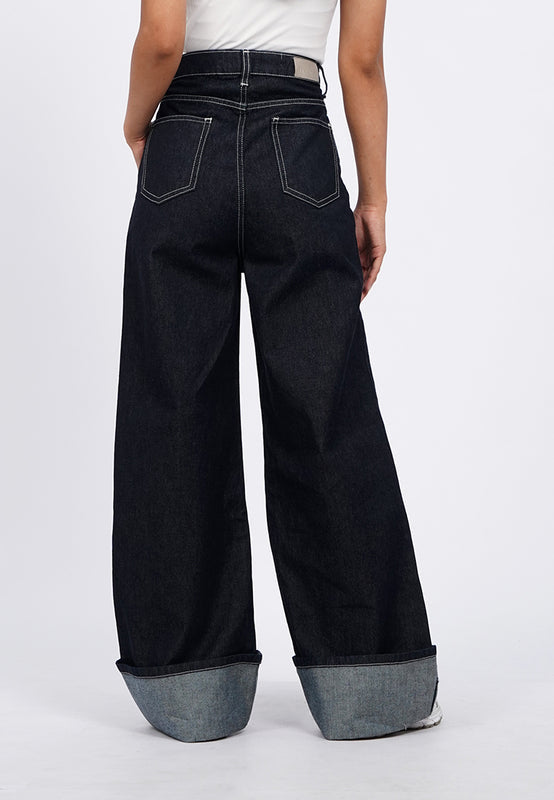 Wide Leg Cuffed Denim Pants