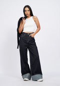Wide Leg Cuffed Denim Pants