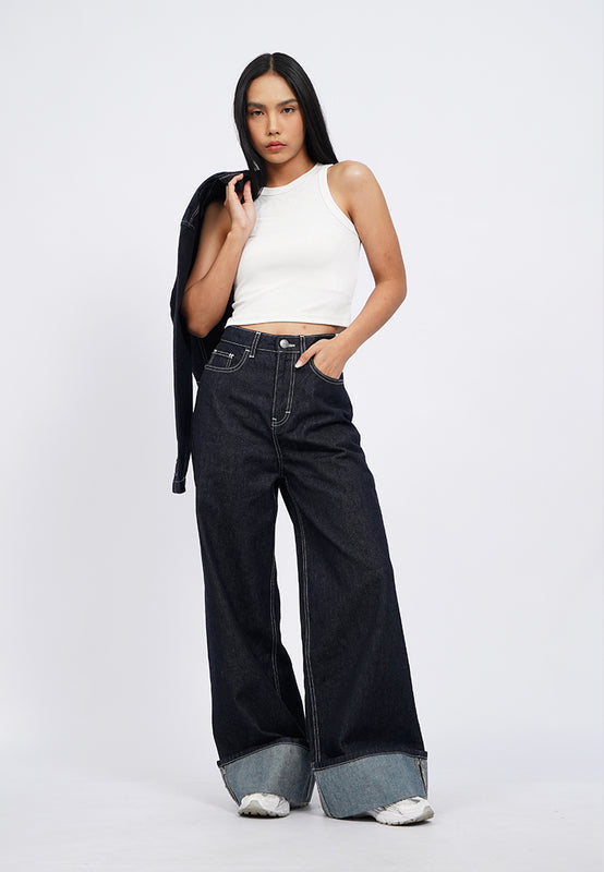 Wide Leg Cuffed Denim Pants