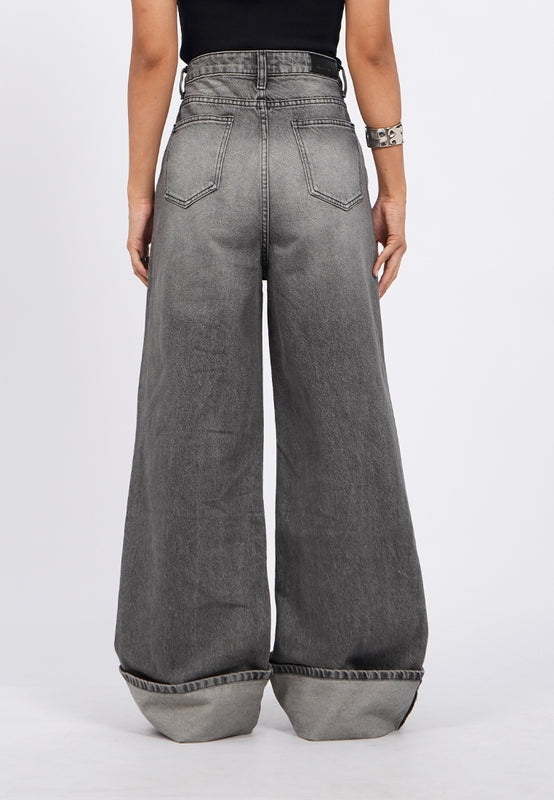 Wide Leg Cuffed Denim Pants