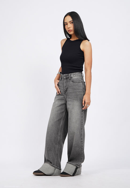 Wide Leg Cuffed Denim Pants