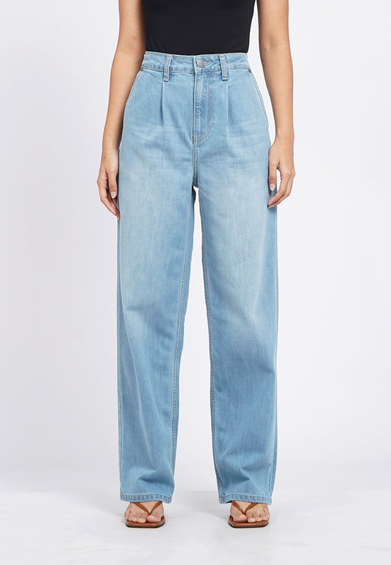 Pleated Straight Denim Pants