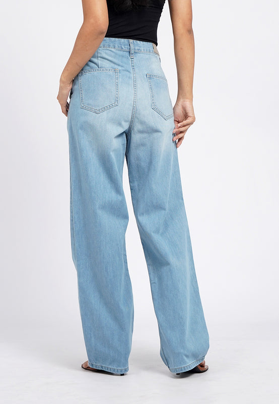 Pleated Straight Denim Pants
