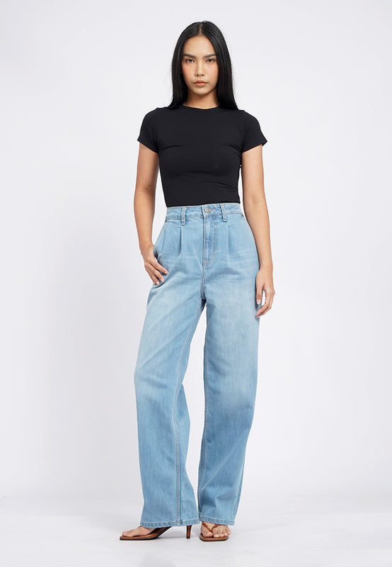 Pleated Straight Denim Pants