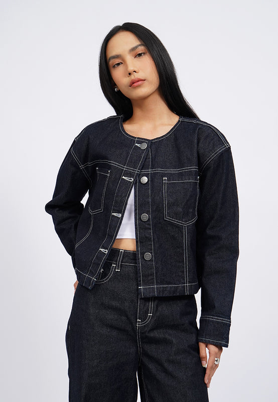 Regular Fit Collarless Denim Jacket