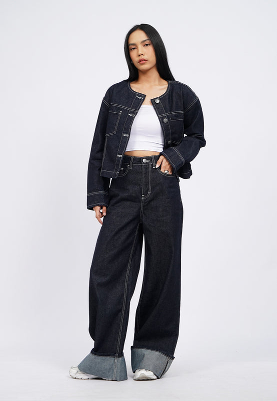 Regular Fit Collarless Denim Jacket