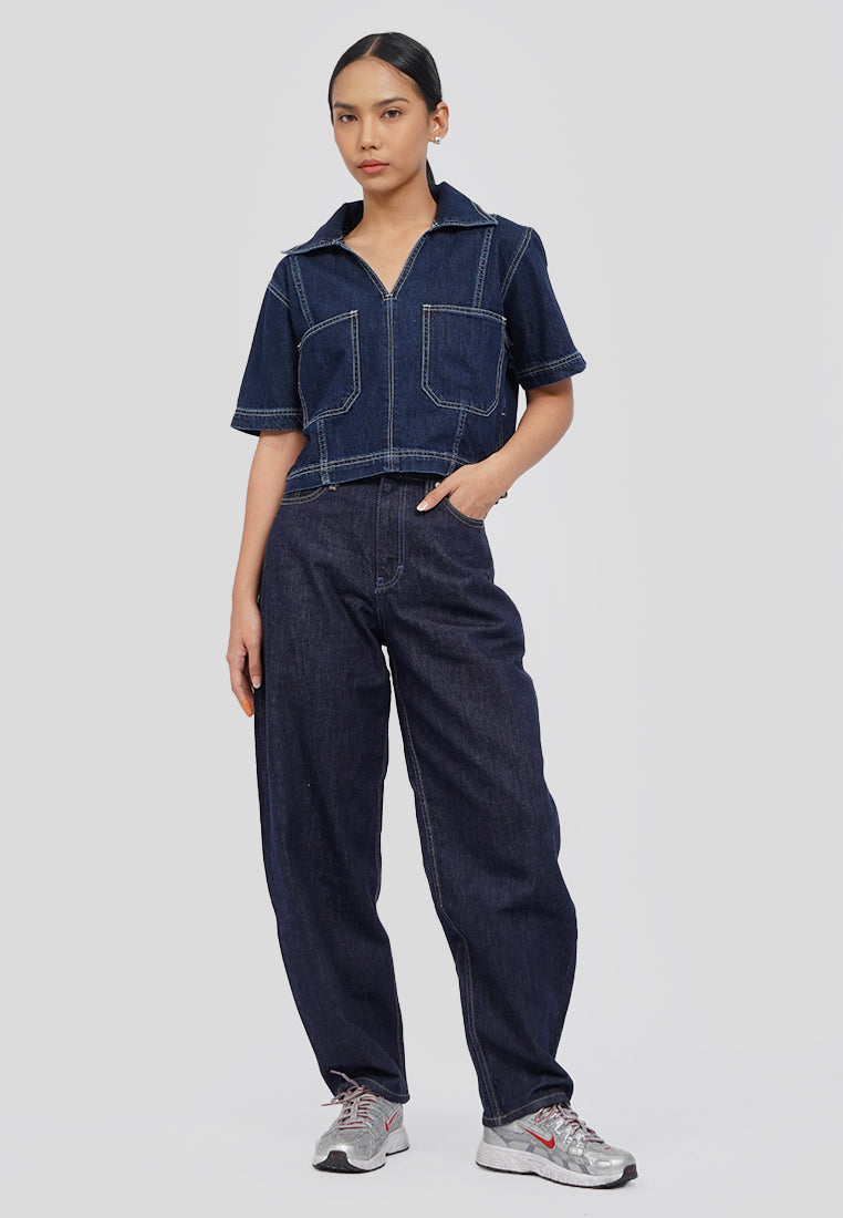 Regular Fit Crop Denim Shirt