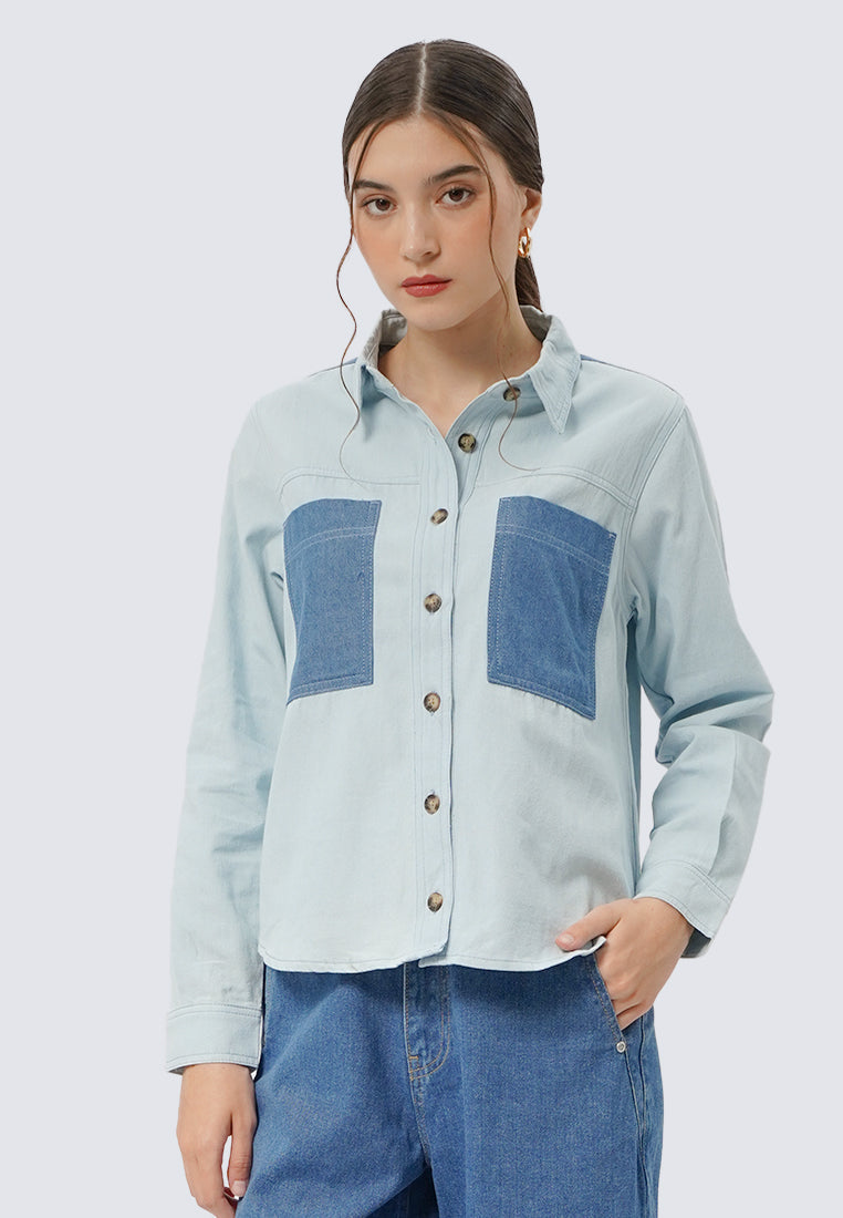 Colorblock Long Sleeve Denim Shirt
