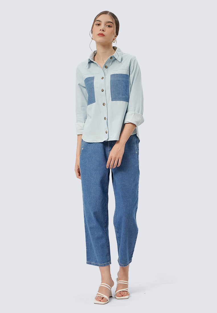 Colorblock Long Sleeve Denim Shirt
