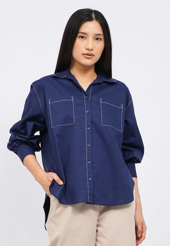 Contrast Stitch Long Sleeve Blouse