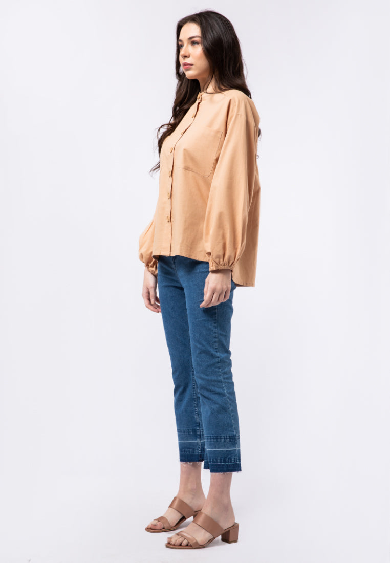 Puff Sleeve Blouse with Mandarin Collar